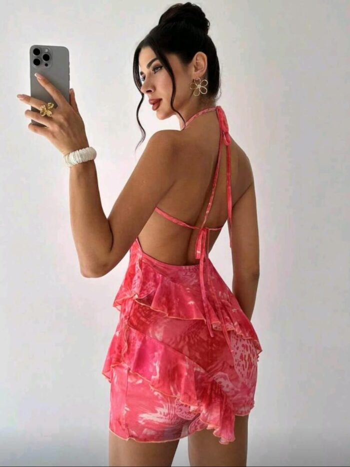 Aurora Tiered Halter Minidress, Radiant Cerise